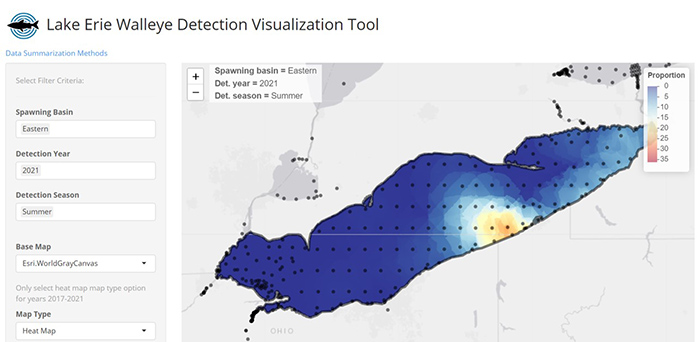 Screenshot of a 'Lake Erie Walleye Detection Visualization Tool' showing a heat map of walleye spawning activity in eastern Lake Erie for summer 2021, with filter options on the left and color intensity indicating detection proportion.